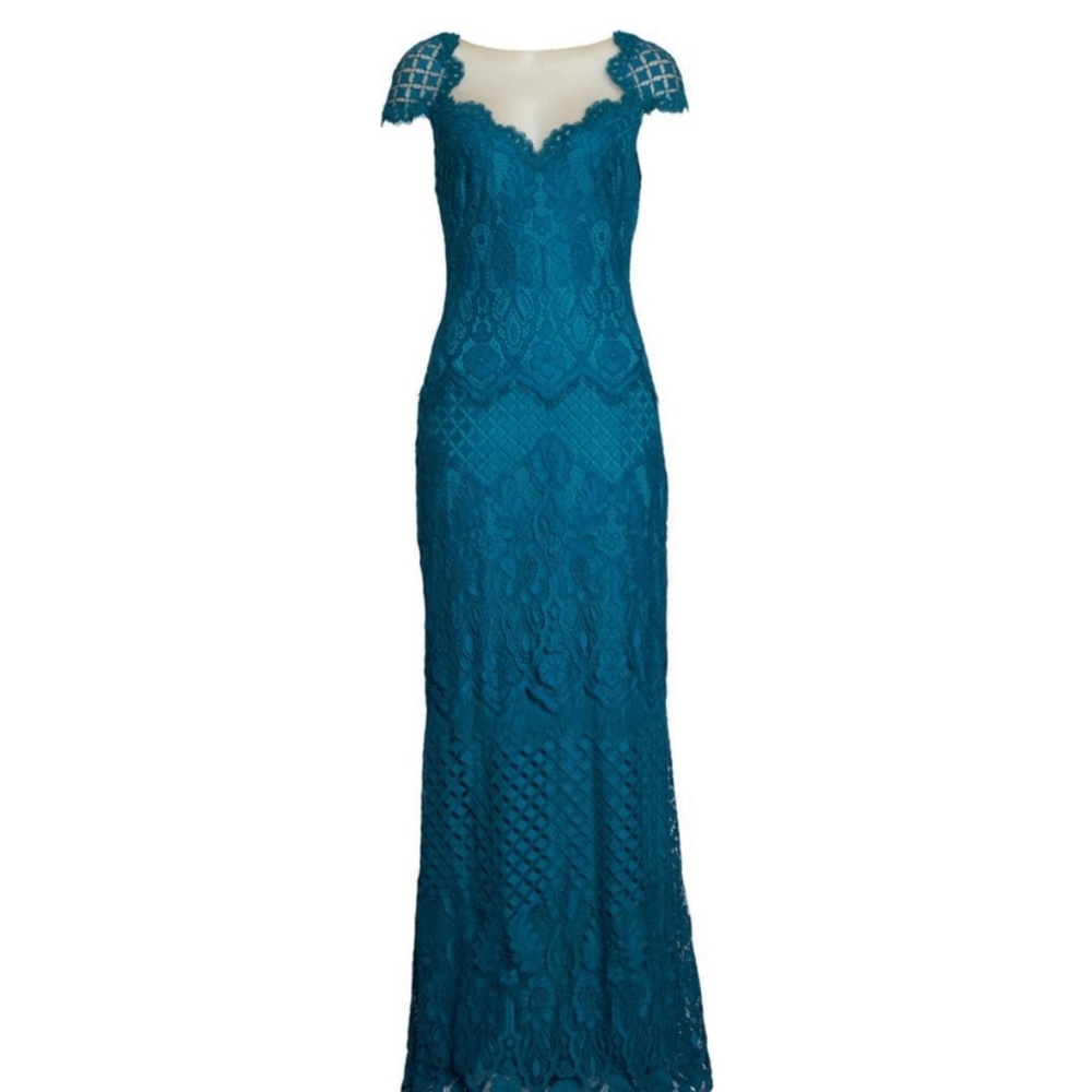 Tadashi Shoji Teal lace cap evening gown dress size 4